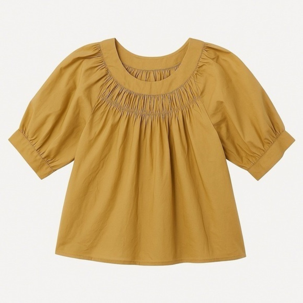J. Crew Smocked Poplin Puff Sleeve Top‎ SZ S Honey Brown Regenerative Cotton